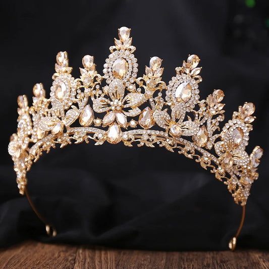 Bloom Veil Co. Royal Queen Champagne Gold Bridal Crown β Luxury Crystal Wedding Tiara