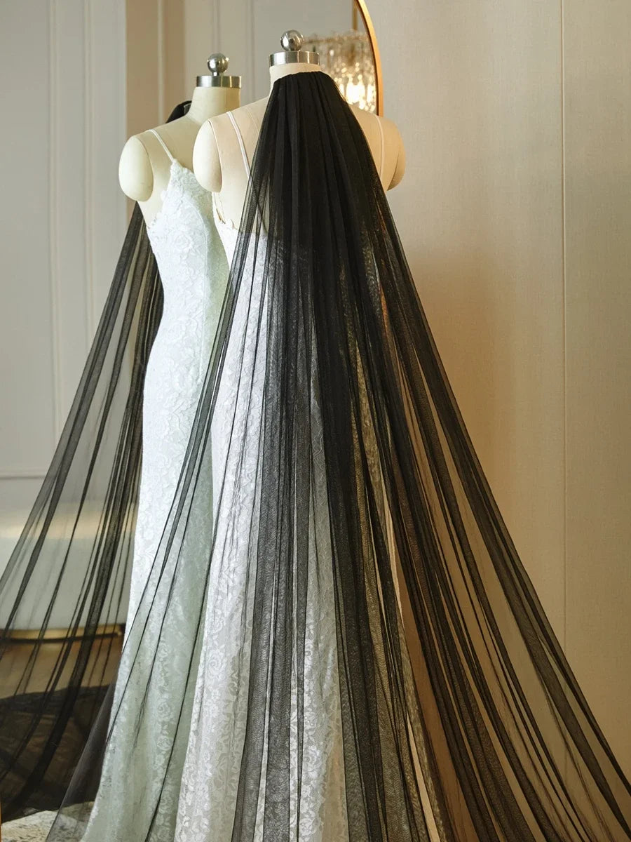 Black Cathedral Bridal Veil with Lace Appliqué Edge