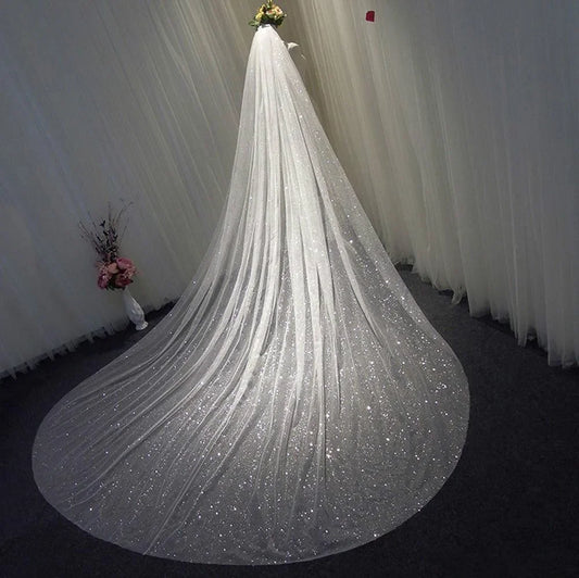 Grand 3.5m Sparkly Sequined Cathedral Wedding Veil with Comb | Premium White & Champagne Bridal Shimmer Veil