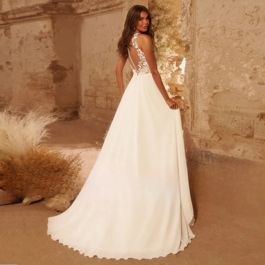Beach Wedding Dress Sheer O-neck Sleeveless See Appliques Illusion Back A Line Bridal Gown Summer Vestidos De Novia