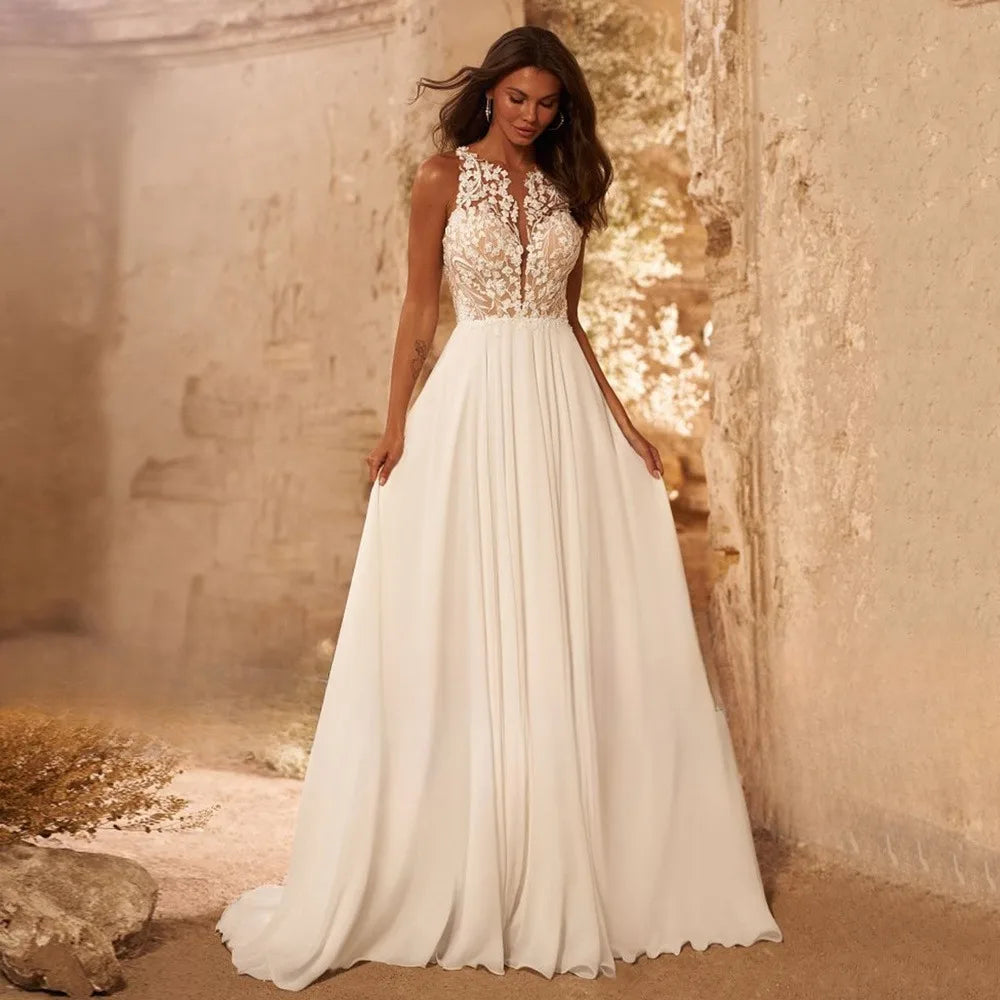 Beach Wedding Dress Sheer O-neck Sleeveless See Appliques Illusion Back A Line Bridal Gown Summer Vestidos De Novia