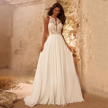 Beach Wedding Dress Sheer O-neck Sleeveless See Appliques Illusion Back A Line Bridal Gown Summer Vestidos De Novia