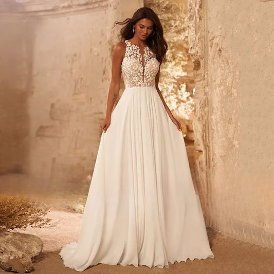Beach Wedding Dress Sheer O-neck Sleeveless See Appliques Illusion Back A Line Bridal Gown Summer Vestidos De Novia