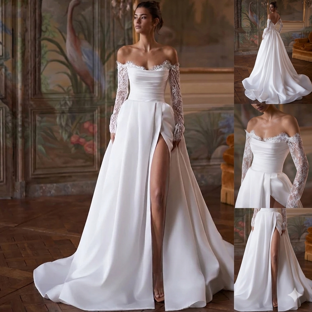 Elegant Satin Sweetheart Wedding Gown – Custom Side-Slit Bridal Dress