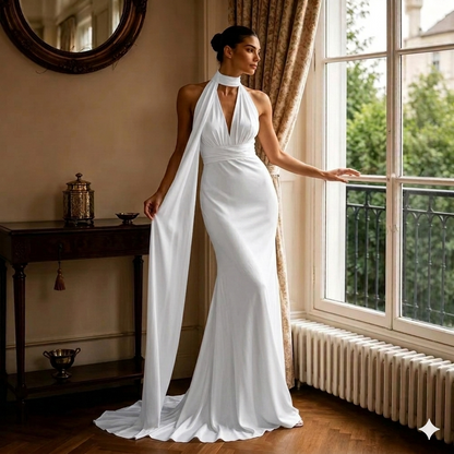 Halter Neck Satin Mermaid Bridal Gown – Backless Reception Dress