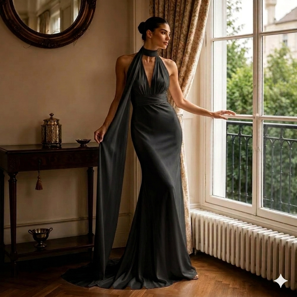 Halter Neck Satin Mermaid Bridal Gown – Backless Reception Dress
