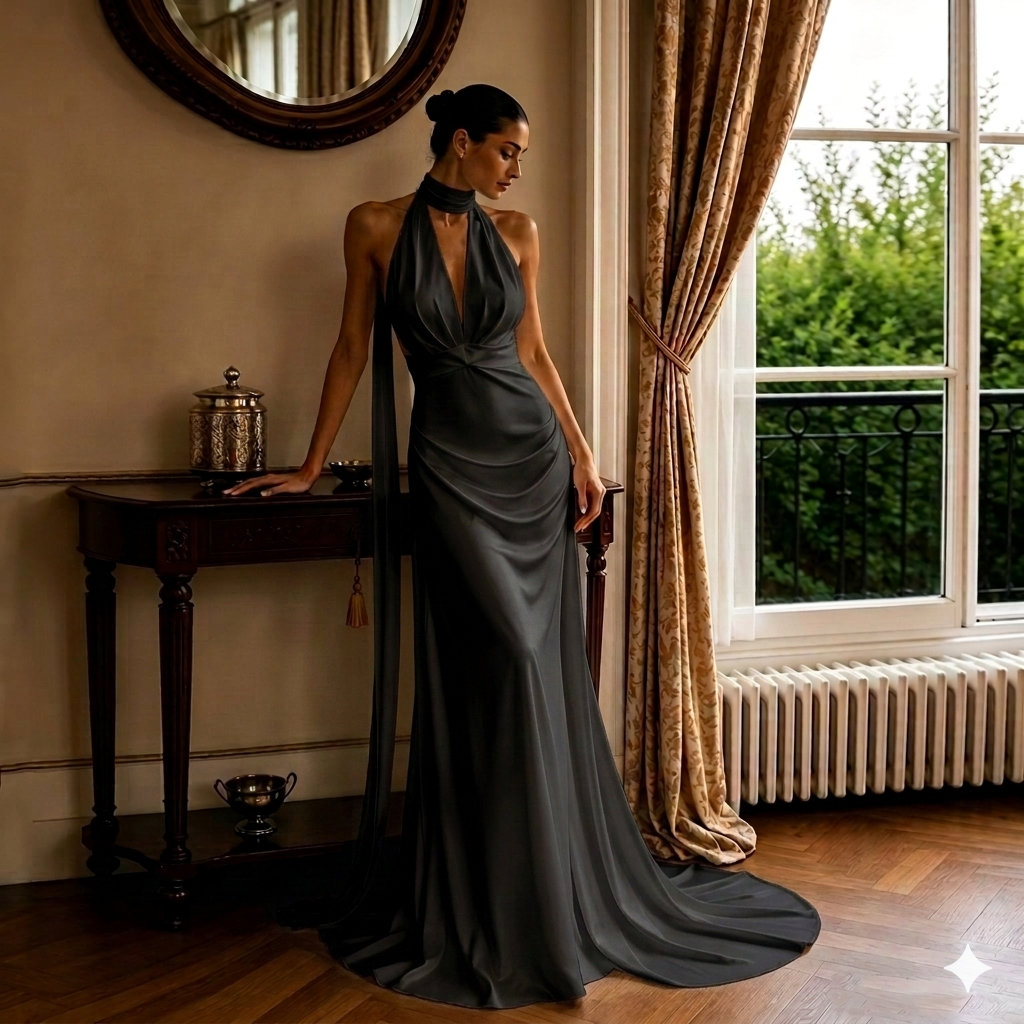 Halter Neck Satin Mermaid Bridal Gown – Backless Reception Dress