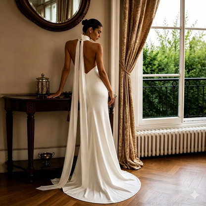 Halter Neck Satin Mermaid Bridal Gown – Backless Reception Dress