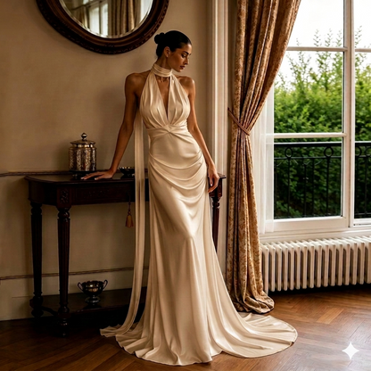 Halter Neck Satin Mermaid Bridal Gown – Backless Reception Dress