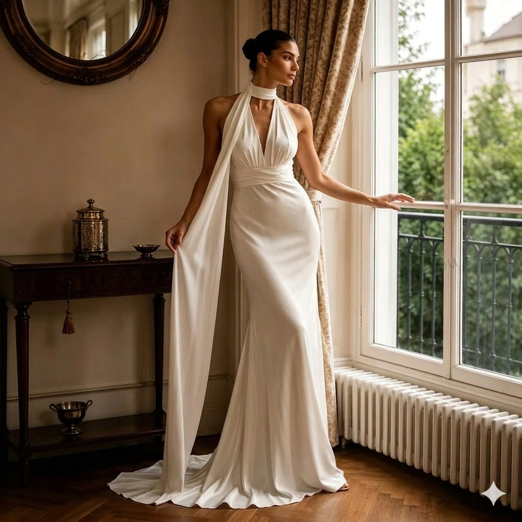 Halter Neck Satin Mermaid Bridal Gown – Backless Reception Dress