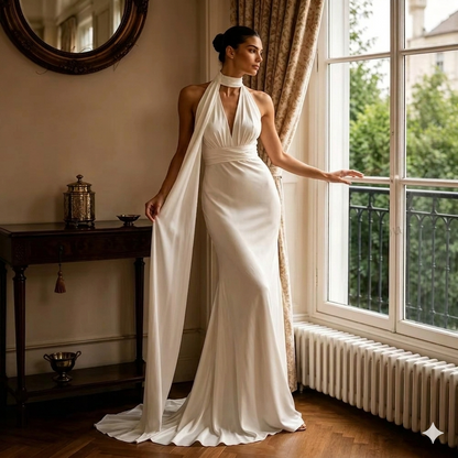 Halter Neck Satin Mermaid Bridal Gown – Backless Reception Dress