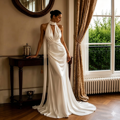 Halter Neck Satin Mermaid Bridal Gown – Backless Reception Dress