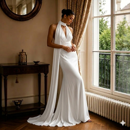 Halter Neck Satin Mermaid Bridal Gown – Backless Reception Dress