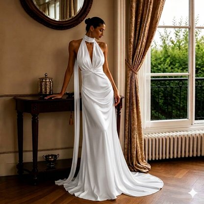 Halter Neck Satin Mermaid Bridal Gown – Backless Reception Dress