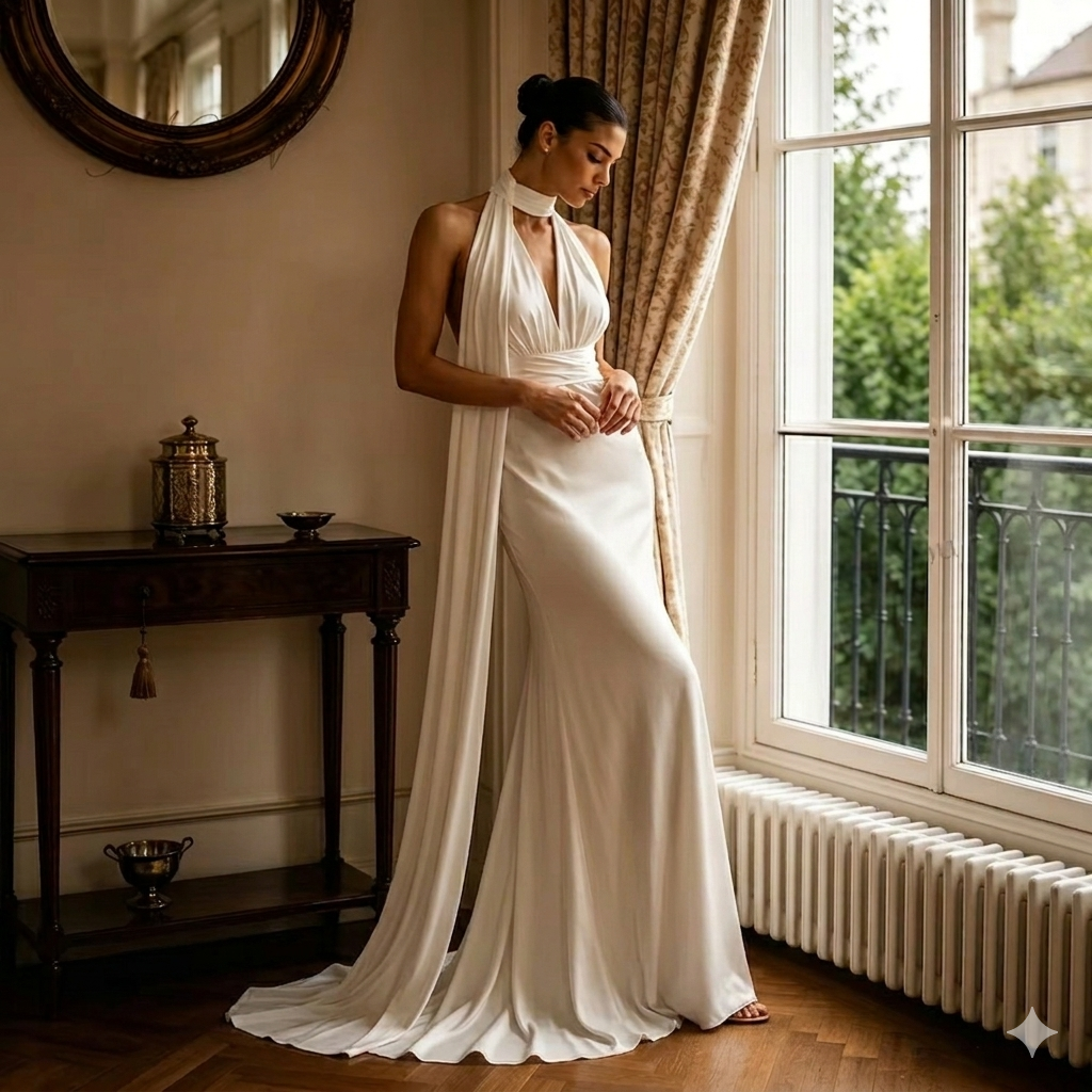 Halter Neck Satin Mermaid Bridal Gown – Backless Reception Dress
