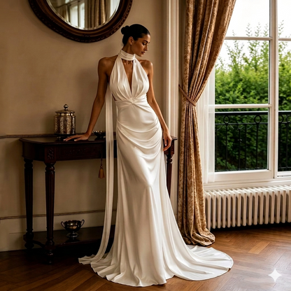 Halter Neck Satin Mermaid Bridal Gown – Backless Reception Dress