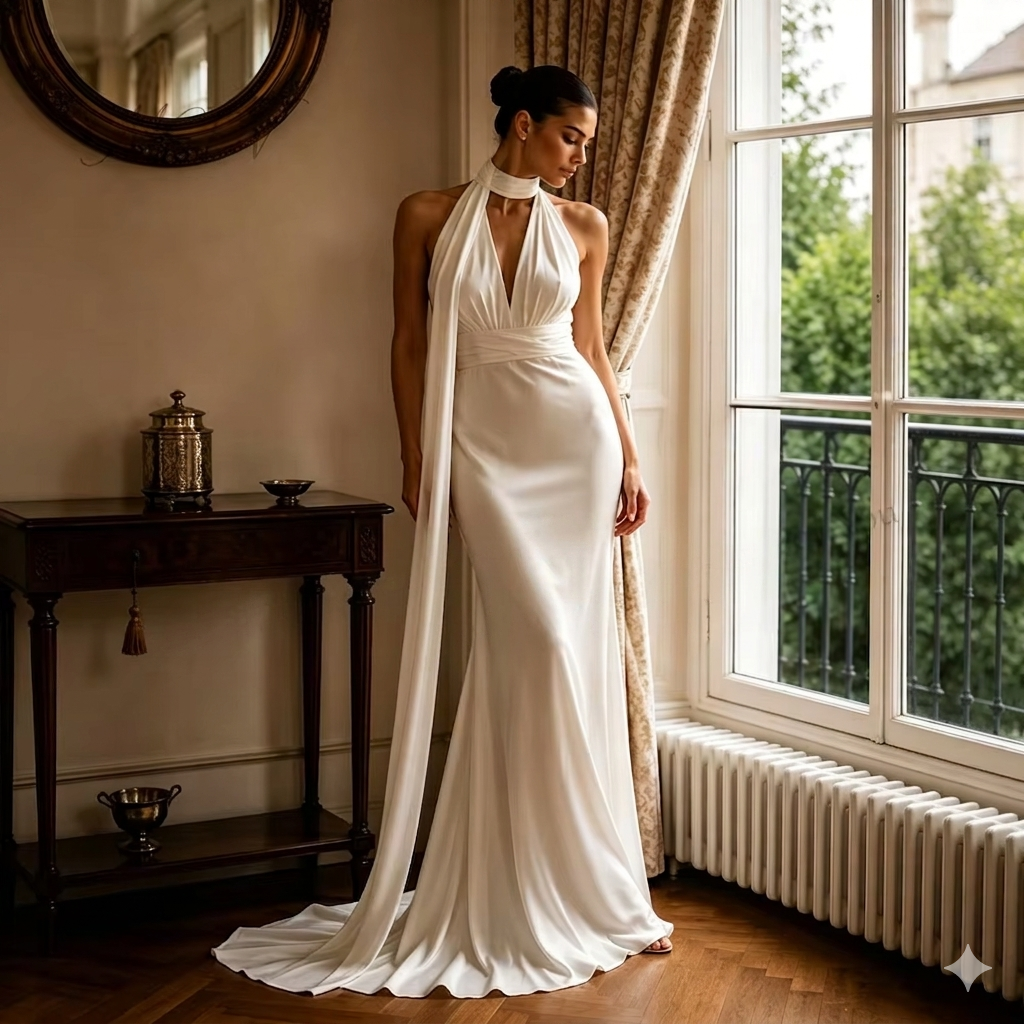 Halter Neck Satin Mermaid Bridal Gown – Backless Reception Dress