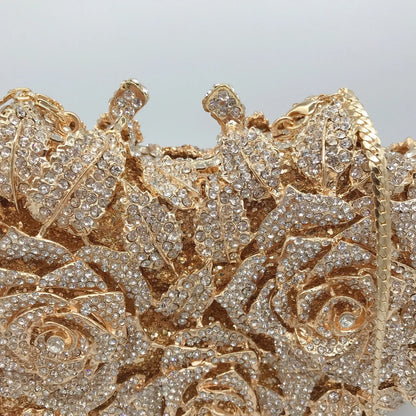Golden Silver Luxury Crystals Evening Bags Fashion Rose Flower Diamonds Clutch Bags Soiree Purse Women Wedding Bride Handbags