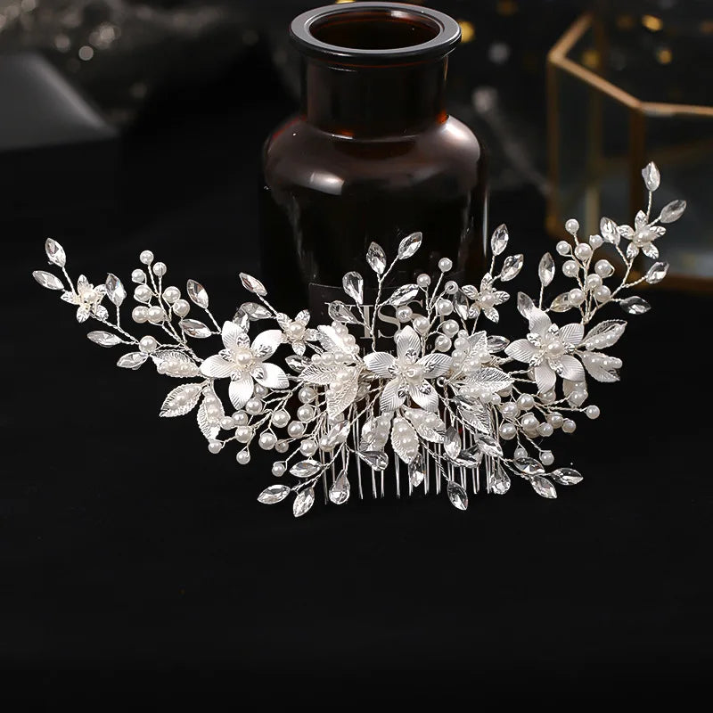 Handmade Pearl Flower Bridal Hair Comb – Silver Crystal Wedding Clip