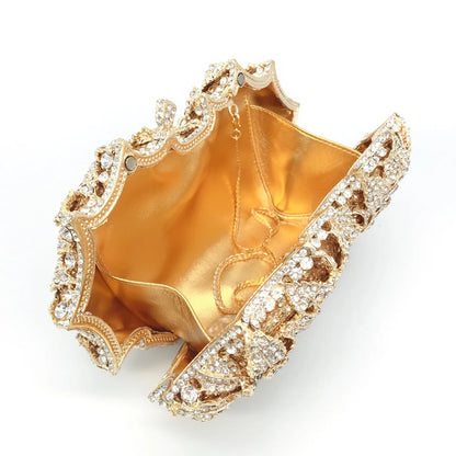 Golden Silver Luxury Crystals Evening Bags Fashion Rose Flower Diamonds Clutch Bags Soiree Purse Women Wedding Bride Handbags