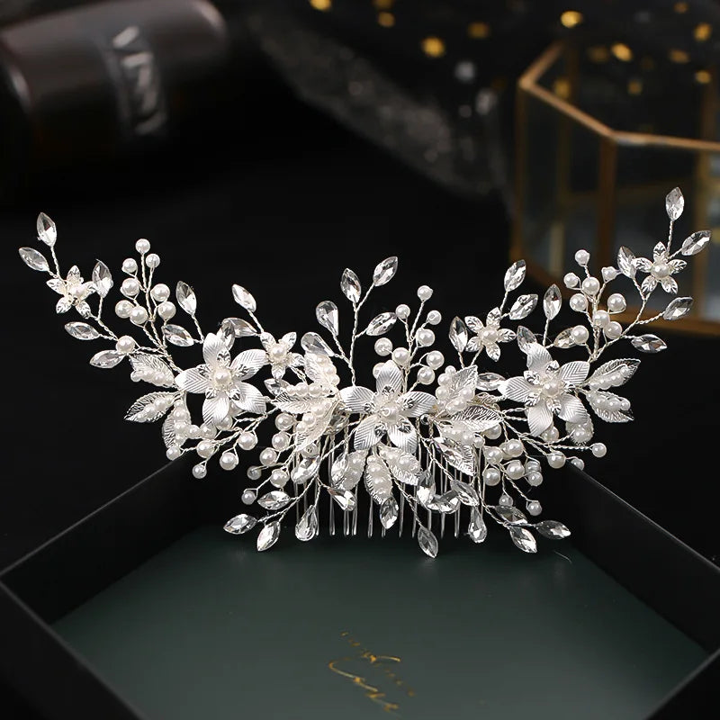 Handmade Pearl Flower Bridal Hair Comb – Silver Crystal Wedding Clip