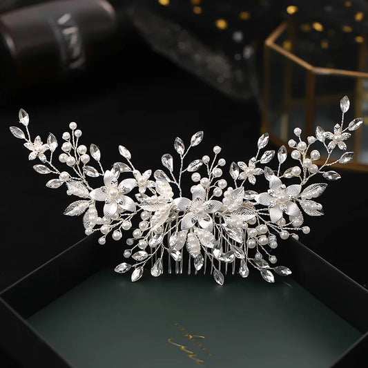 Handmade Pearl Flower Bridal Hair Comb – Silver Crystal Wedding Clip