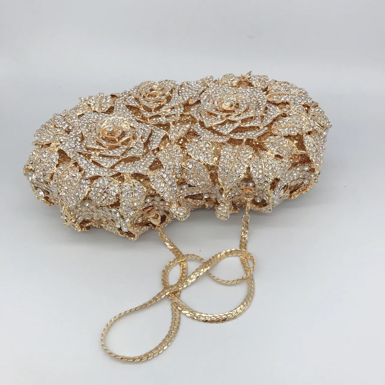 Golden Silver Luxury Crystals Evening Bags Fashion Rose Flower Diamonds Clutch Bags Soiree Purse Women Wedding Bride Handbags