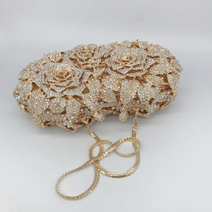Golden Silver Luxury Crystals Evening Bags Fashion Rose Flower Diamonds Clutch Bags Soiree Purse Women Wedding Bride Handbags