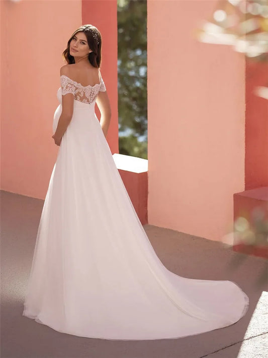 Beach Wedding Dresses For Pregnant Women Boat Neck Short Sleeves Empire A-line Bridal Gowns with Veil Maternity Robe Customized