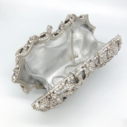Golden Silver Luxury Crystals Evening Bags Fashion Rose Flower Diamonds Clutch Bags Soiree Purse Women Wedding Bride Handbags