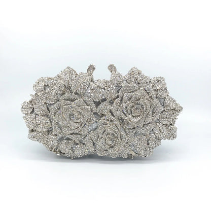 Golden Silver Luxury Crystals Evening Bags Fashion Rose Flower Diamonds Clutch Bags Soiree Purse Women Wedding Bride Handbags