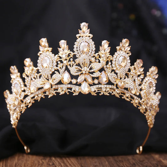 Bloom Veil Co. Royal Queen Champagne Gold Bridal Crown – Luxury Crystal Wedding Tiara