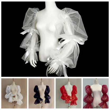Elegant Puff Wedding Arm Sleeves Evening Dress Decor Ruffles Bride Detachable Sleeves Bowknot Sweet Sheer Cover Sleeves Banquet