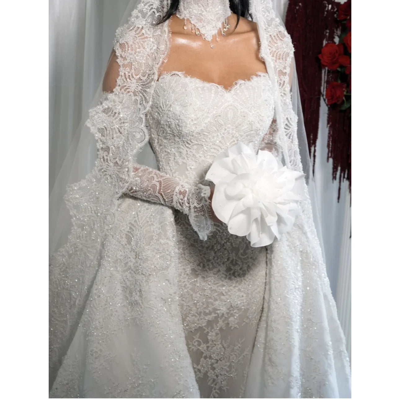 Romantic Sweetheart Lace Mermaid Wedding Dress Strapless Sheath Decoration Bridal Dress Detachable Tail Vest Customized
