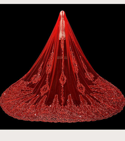 Saudi Arabia Red Wedding Veil 3.5m Long Bridal Veils 2026 Latest Tulle with Floral Applique