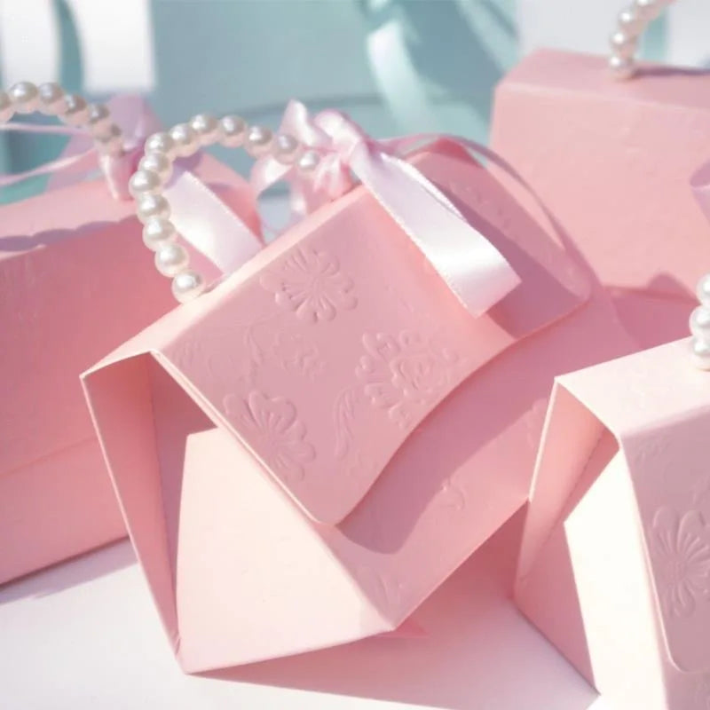 Pink Pearl Wedding Candy Gift Boxes | Set of 10 | Ribbon & Pearl Chain | Party Favor Packaging