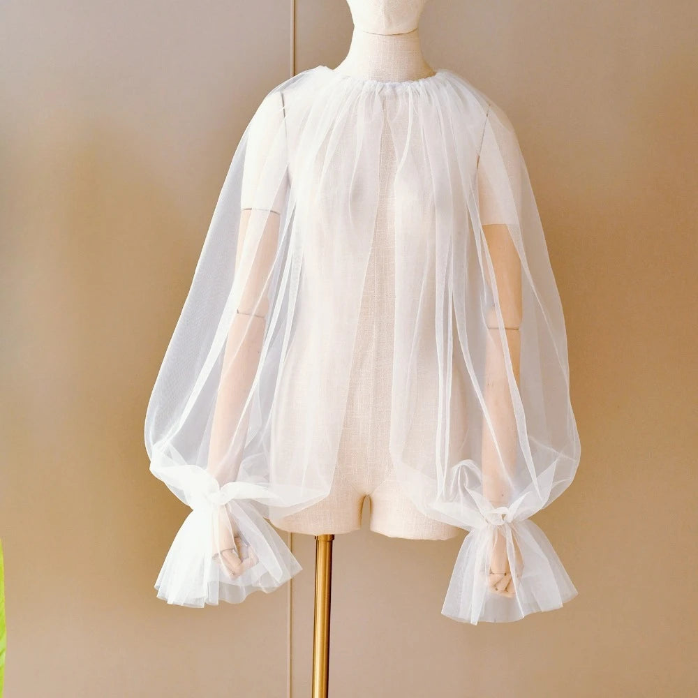 Attached-Sleeve Bridal Shawl with Flared Cuffs Wedding Bolero Sexy Wear Wedding Accessories Wedding Props Marriage Evening Party
