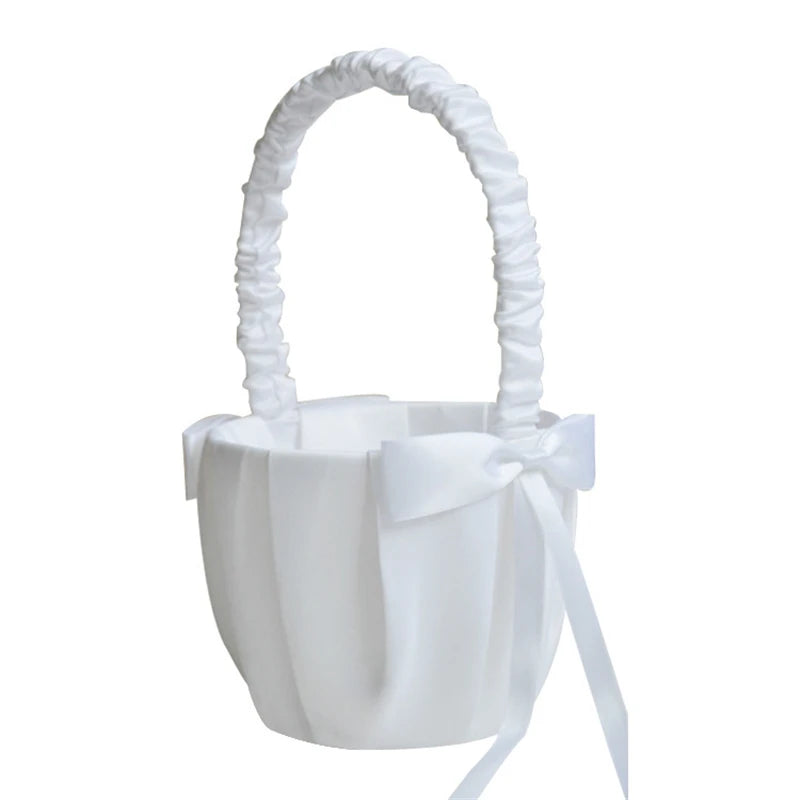 White Flower Girl Basket with Pearl Handle | Wedding Ceremony Accessories