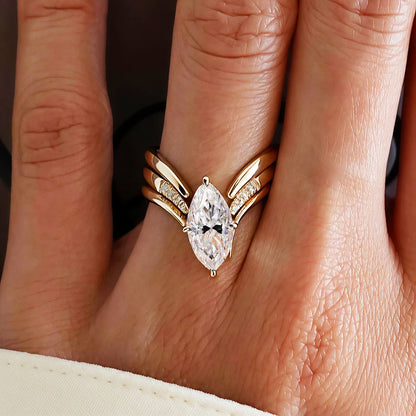 GRA Certified Marquise Cut Moissanite Ring Set | 925 Sterling Silver 18K Gold Plated | D Color VVS1 Wedding Band