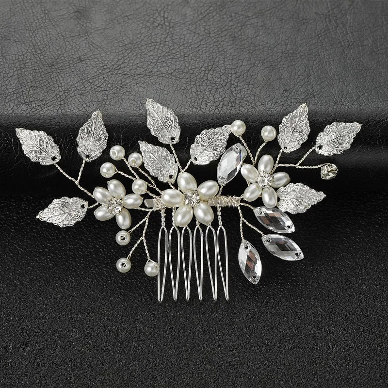 Handmade Pearl Flower Bridal Hair Comb – Silver Crystal Wedding Clip