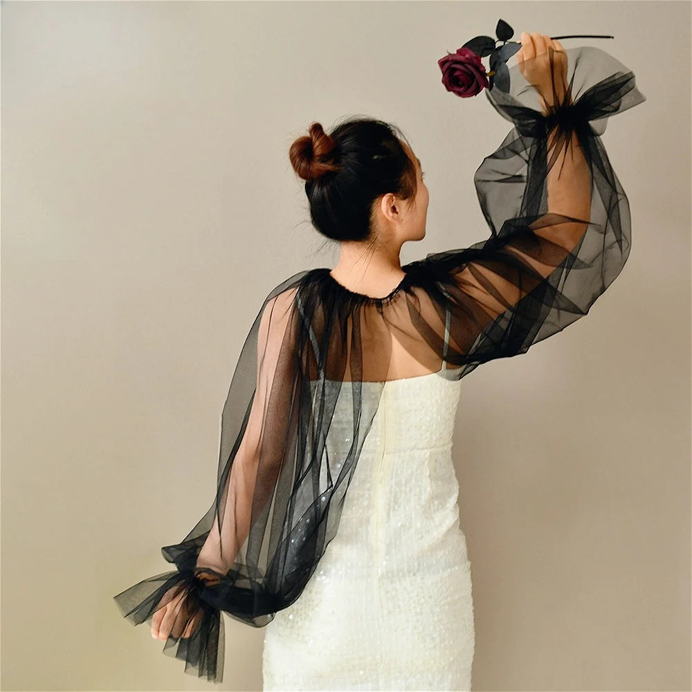 Attached-Sleeve Bridal Shawl with Flared Cuffs Wedding Bolero Sexy Wear Wedding Accessories Wedding Props Marriage Evening Party