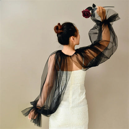 Attached-Sleeve Bridal Shawl with Flared Cuffs Wedding Bolero Sexy Wear Wedding Accessories Wedding Props Marriage Evening Party
