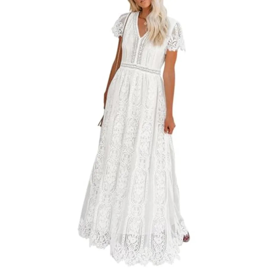 Women's 2026 V Neck Short Sleeve Floral Lace Wedding Dress A Line Boho Bridesmaid Cocktail Party Maxi Dress