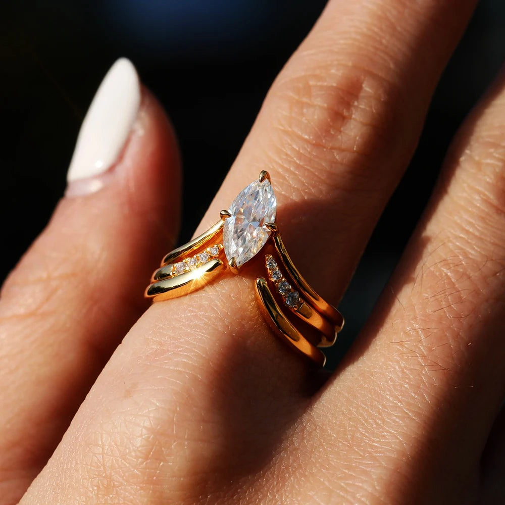 GRA Certified Marquise Cut Moissanite Ring Set | 925 Sterling Silver 18K Gold Plated | D Color VVS1 Wedding Band