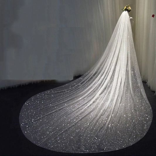 Grand 3.5m Sparkly Sequined Cathedral Wedding Veil with Comb | Premium White & Champagne Bridal Shimmer Veil