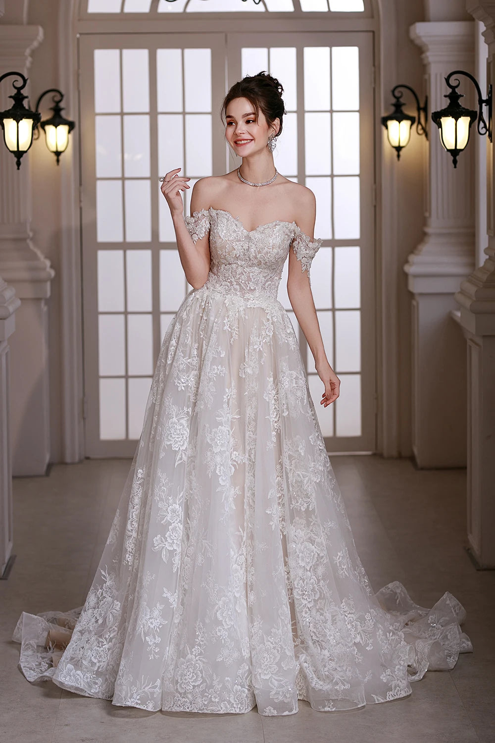 Vintage Off-Shoulder Beaded A-Line Wedding Dress with Court Train