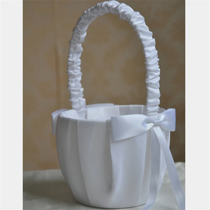 White Flower Girl Basket with Pearl Handle | Wedding Ceremony Accessories