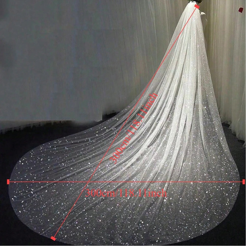 Grand 3.5m Sparkly Sequined Cathedral Wedding Veil with Comb | Premium White & Champagne Bridal Shimmer Veil