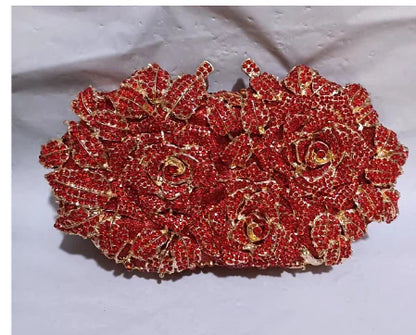Golden Silver Luxury Crystals Evening Bags Fashion Rose Flower Diamonds Clutch Bags Soiree Purse Women Wedding Bride Handbags