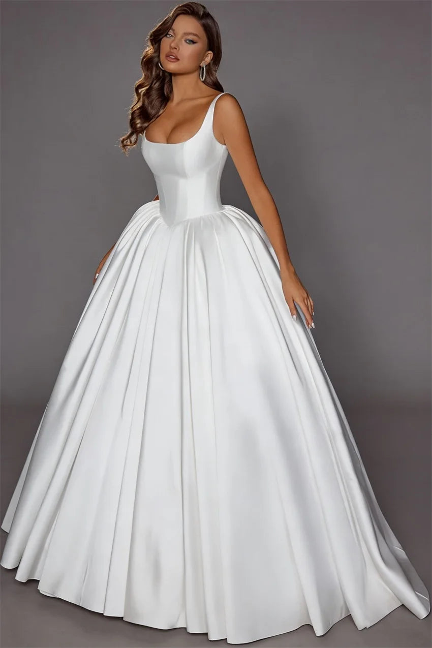 Elegant A-Line Satin Wedding Dress | Square Neckline | Lace Up Back | Floor Length Bridal Gown